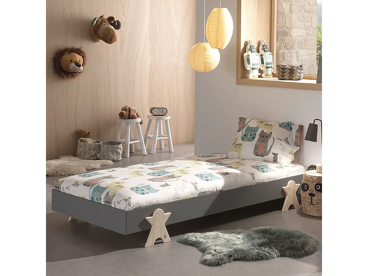 STAPEL - Lit Empilable 90x200cm Gris Pieds Smiley