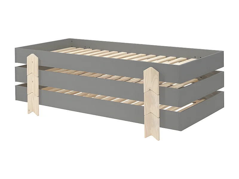 STAPEL - Lot de 3 Lits Empilables 90x200cm Gris Flèche