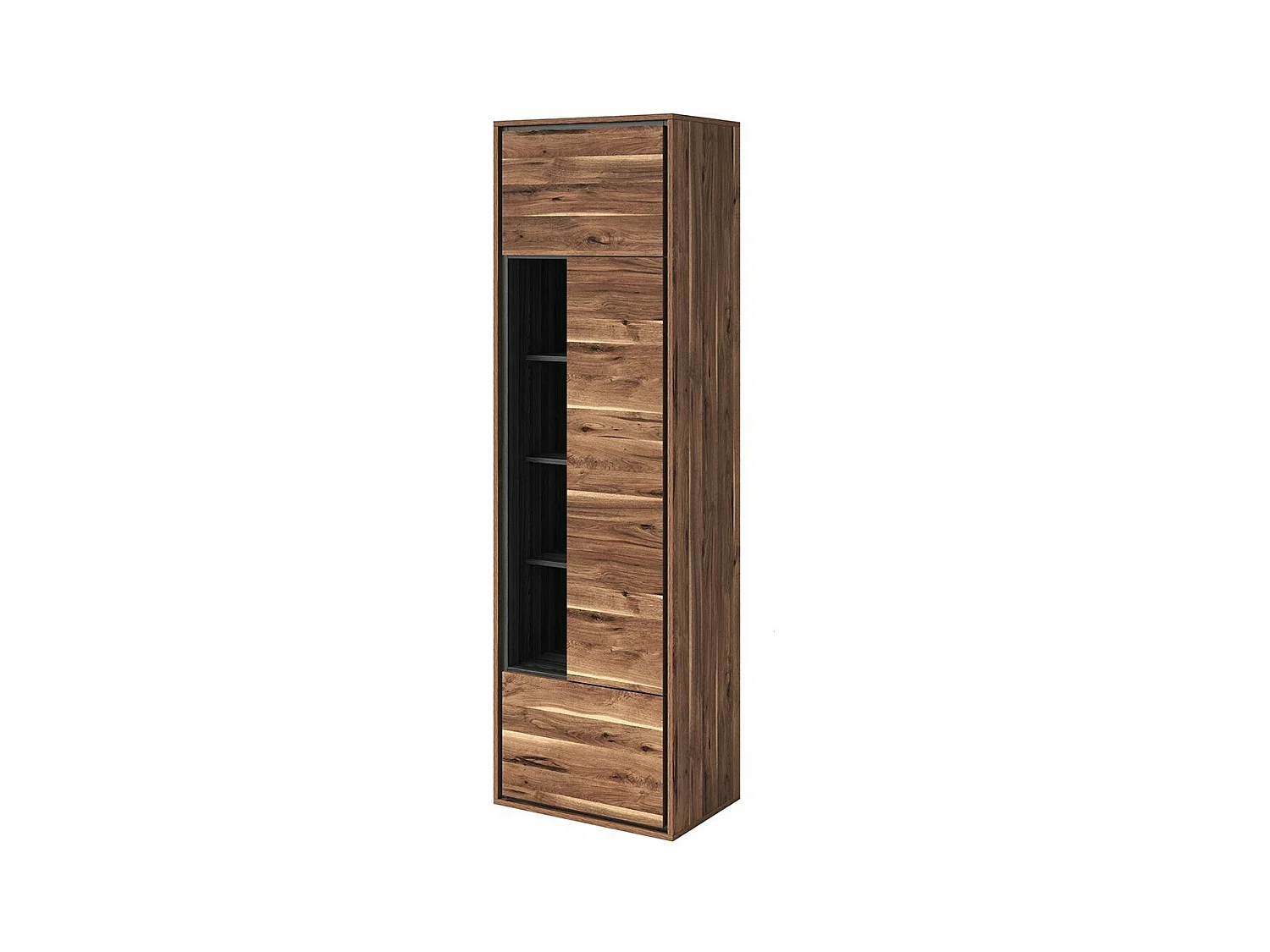 Hoge design vitrinekast met 1 deur, 1 lade en 4 open vakken collectie SILVA in eiken en grijs kleur