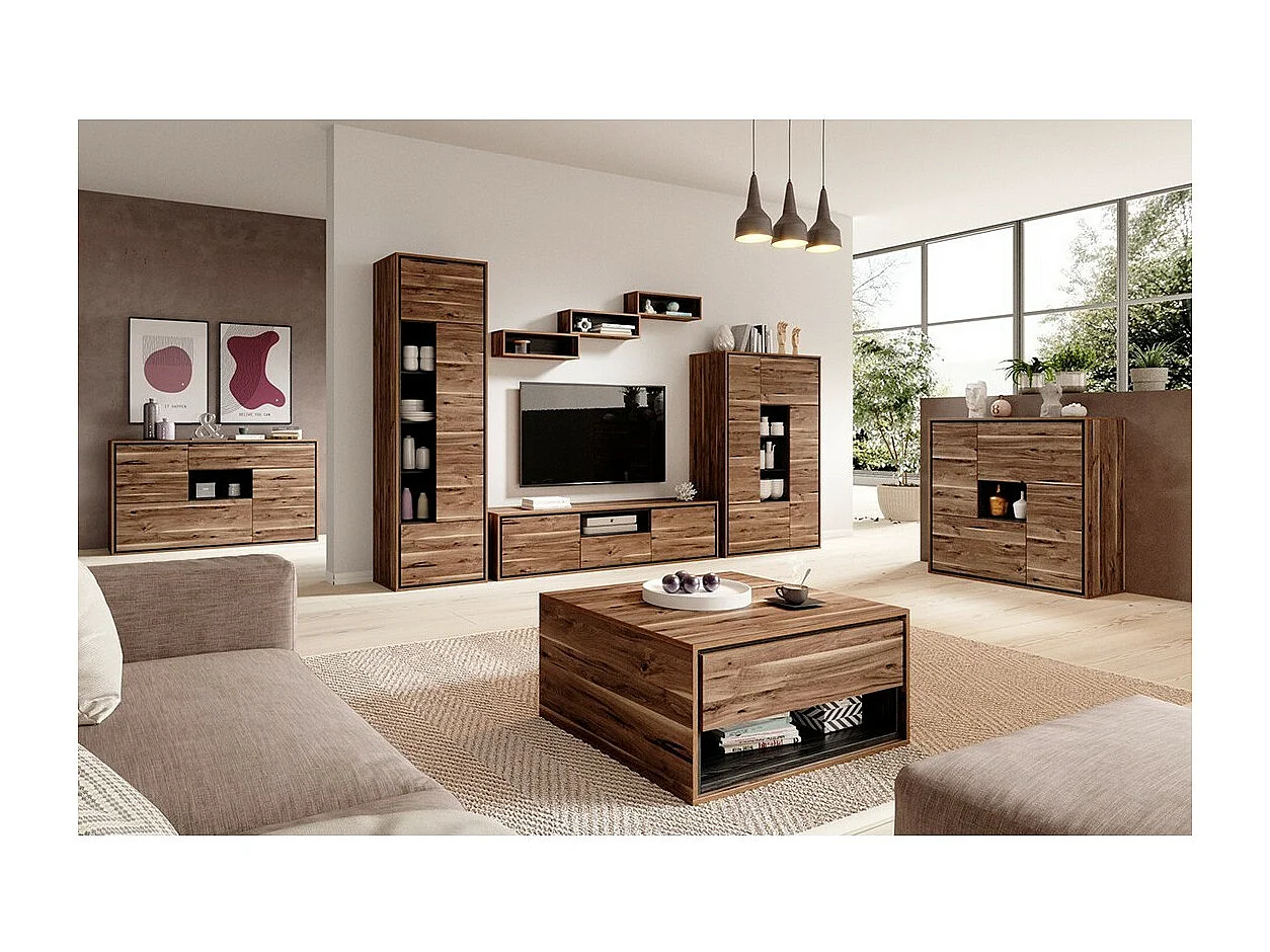 Vitrine haute design avec 1 porte, 1 tiroir et 4 niches apparentes collection SILVA coloris chêne et gris