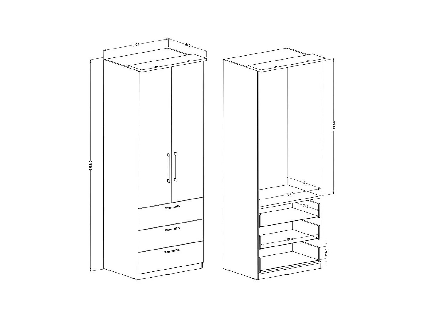 Armário de 2 portas e 3 gavetas para closet da coleção MODULO na cor branca com LED e pacote de 3 prateleiras incluso.