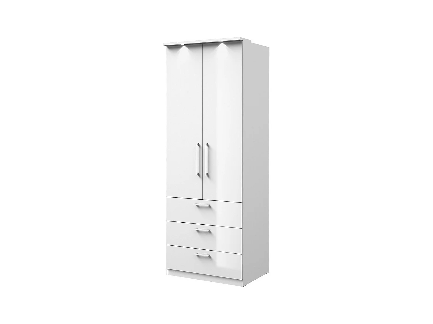 Armoire 2 portes et 3 tiroirs pour dressing collection MODULO coloris blanc avec LED et pack 3 étagères inclus.
