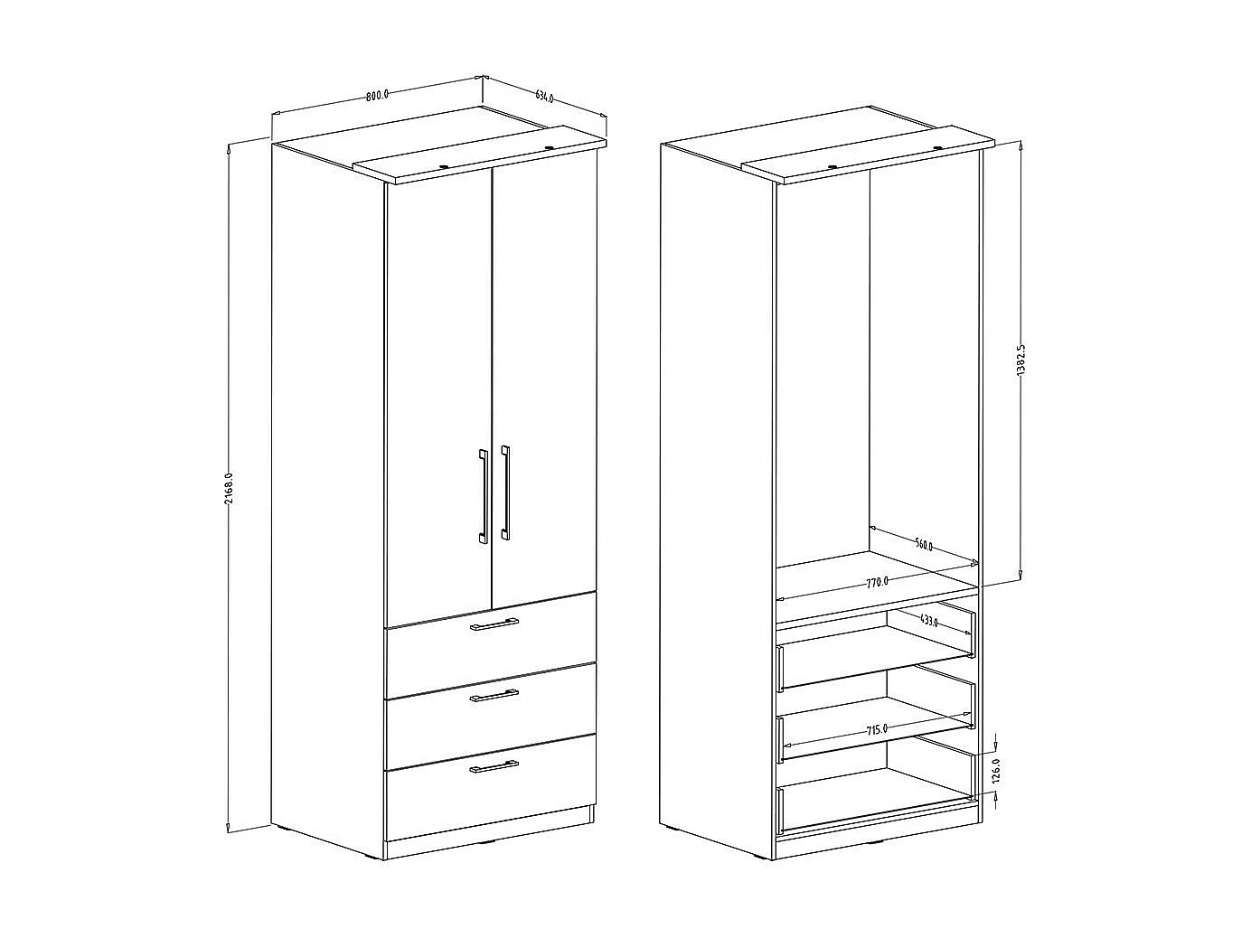 Armadio con 2 ante e 3 cassetti per cabina armadio collezione MODULO, colore bianco con LED e pacchetto di 3 ripiani incluso.