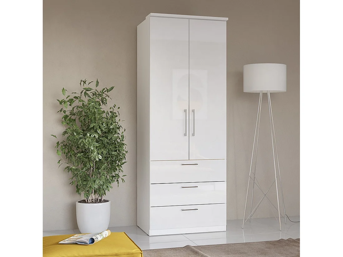 Armadio con 2 ante e 3 cassetti per cabina armadio collezione MODULO, colore bianco con LED e pacchetto di 3 ripiani incluso.