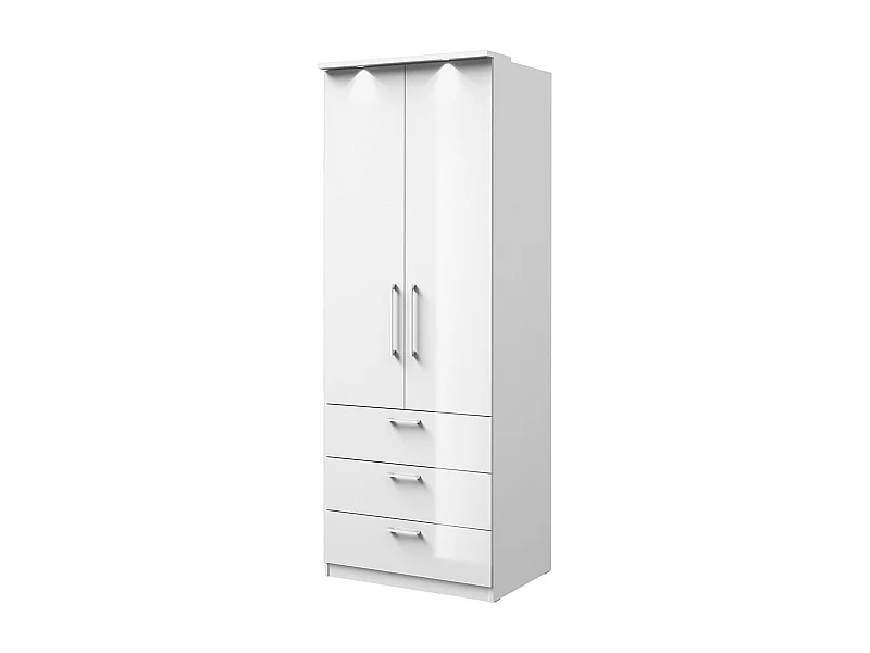 Armoire 2 portes et 3 tiroirs pour dressing collection MODULO coloris blanc avec LED et pack 3 étagères inclus.