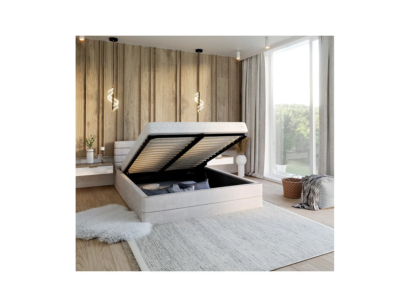 LIT COFFRE VIRGINIA 140x190 - Sommier inclus Crème