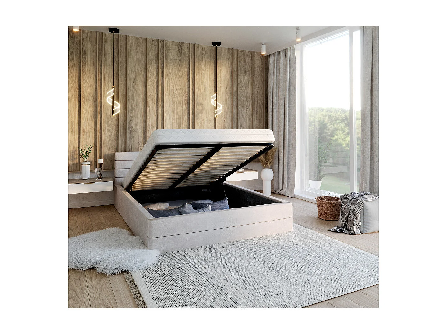 LIT COFFRE VIRGINIA 140x190 - Sommier inclus Crème