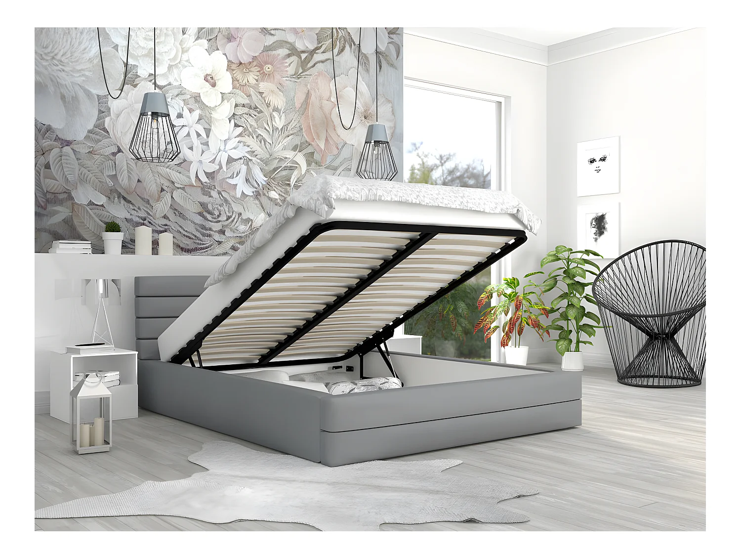 LIT COFFRE VIRGINIA 140x190 - Sommier inclus Gris clair