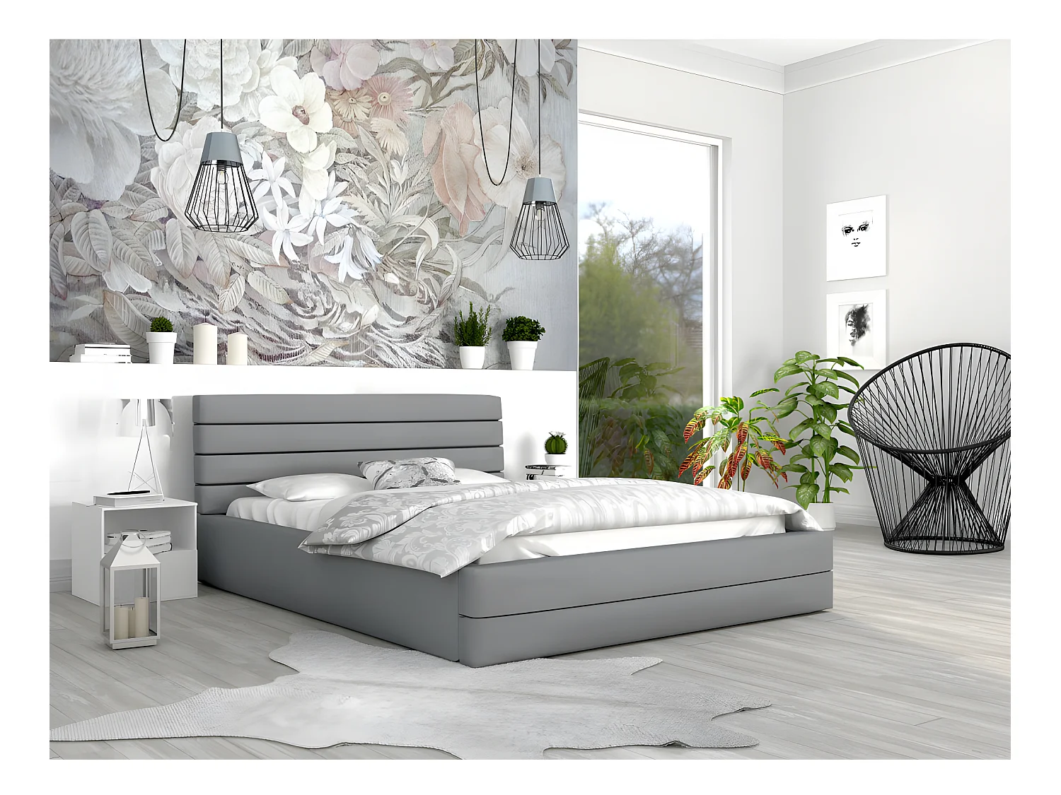 LIT COFFRE VIRGINIA 140x190 - Sommier inclus Gris clair