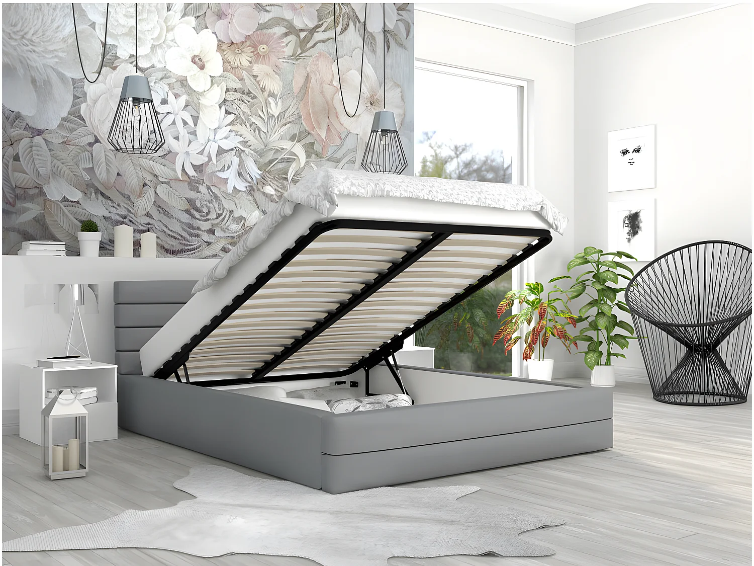 LIT COFFRE VIRGINIA 140x190 - Sommier inclus Gris clair