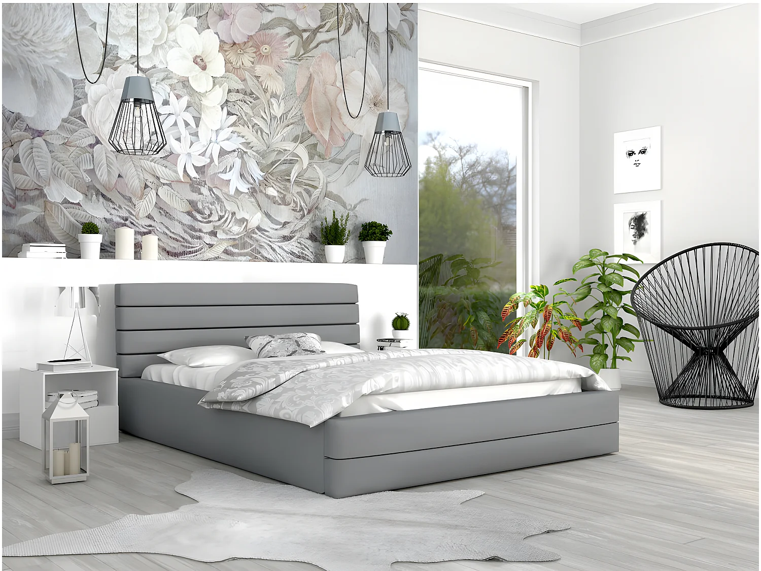 LIT COFFRE VIRGINIA 140x190 - Sommier inclus Gris clair