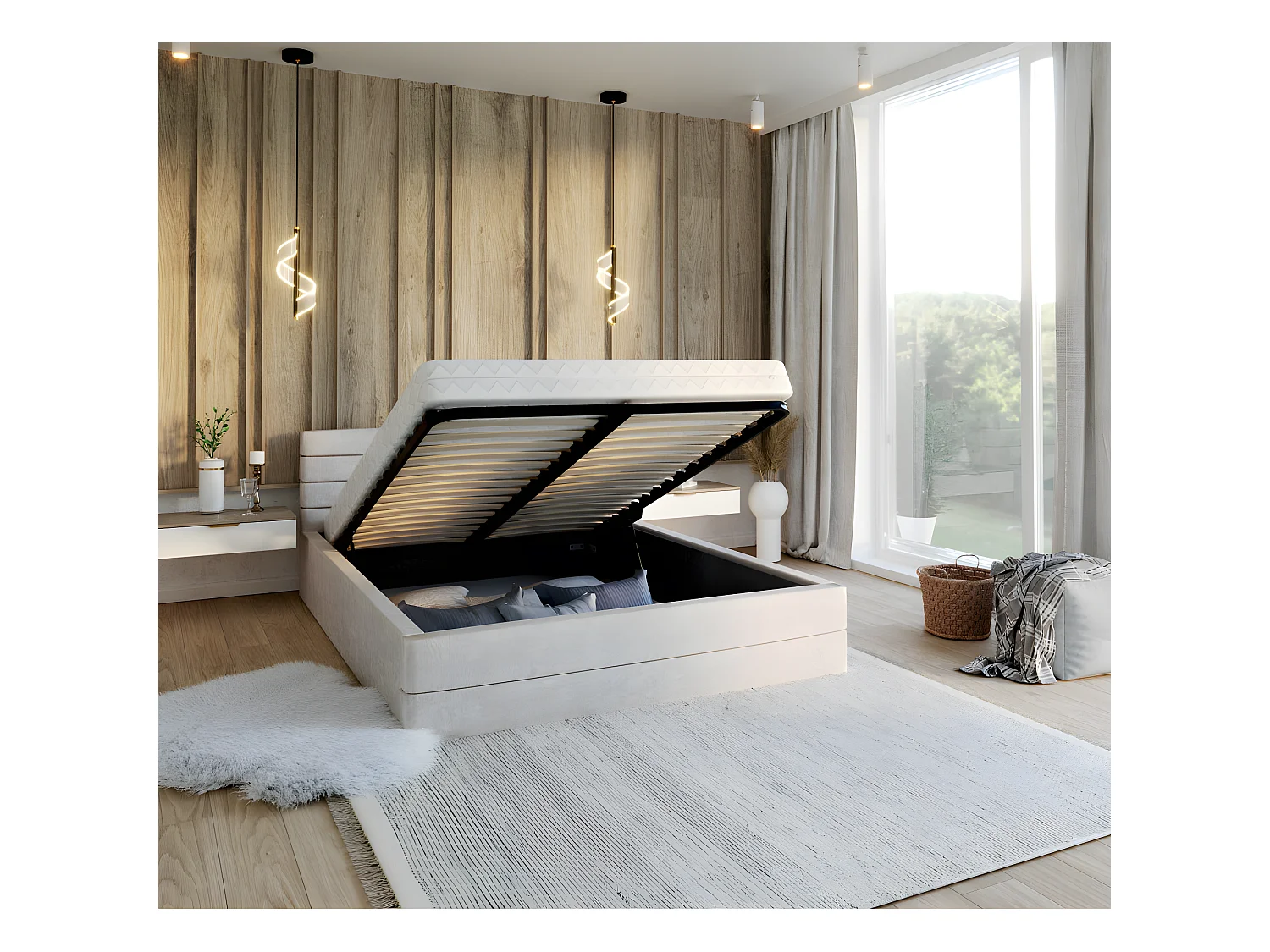 LIT COFFRE VIRGINIA 160x200 - Sommier inclus Crème