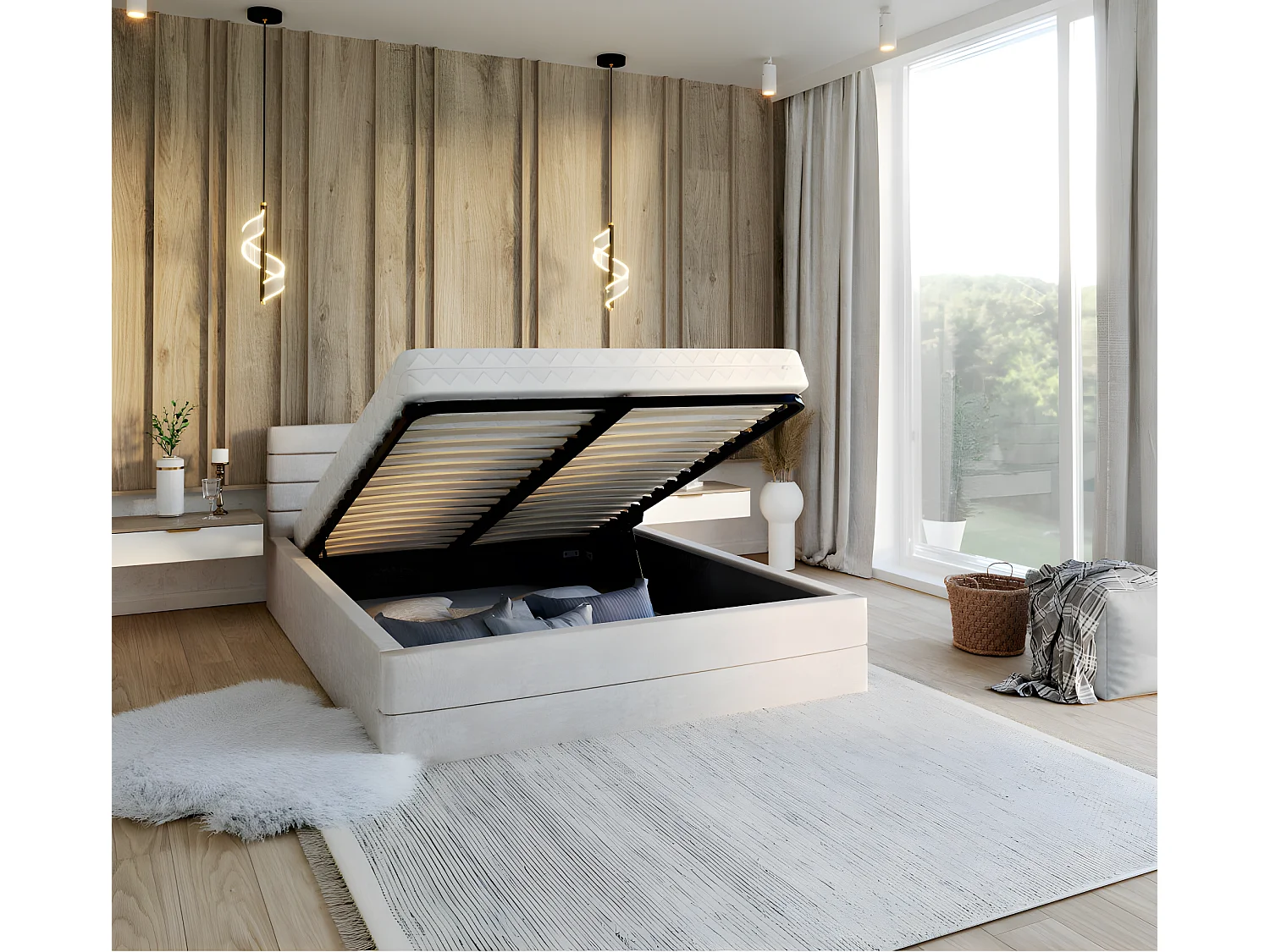 LIT COFFRE VIRGINIA 160x200 - Sommier inclus Crème