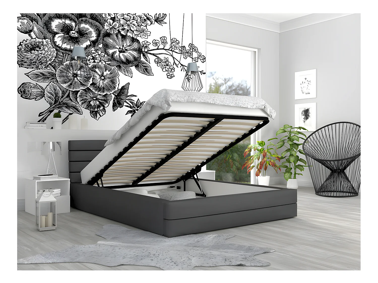 LIT COFFRE VIRGINIA 140x190 - Sommier inclus Gris foncé