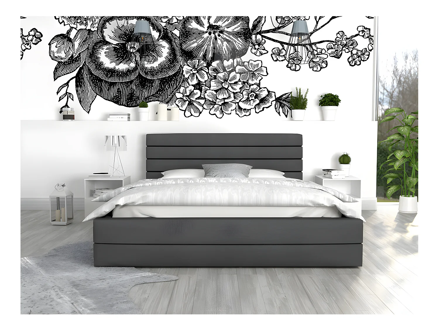 LIT COFFRE VIRGINIA 140x190 - Sommier inclus Gris foncé