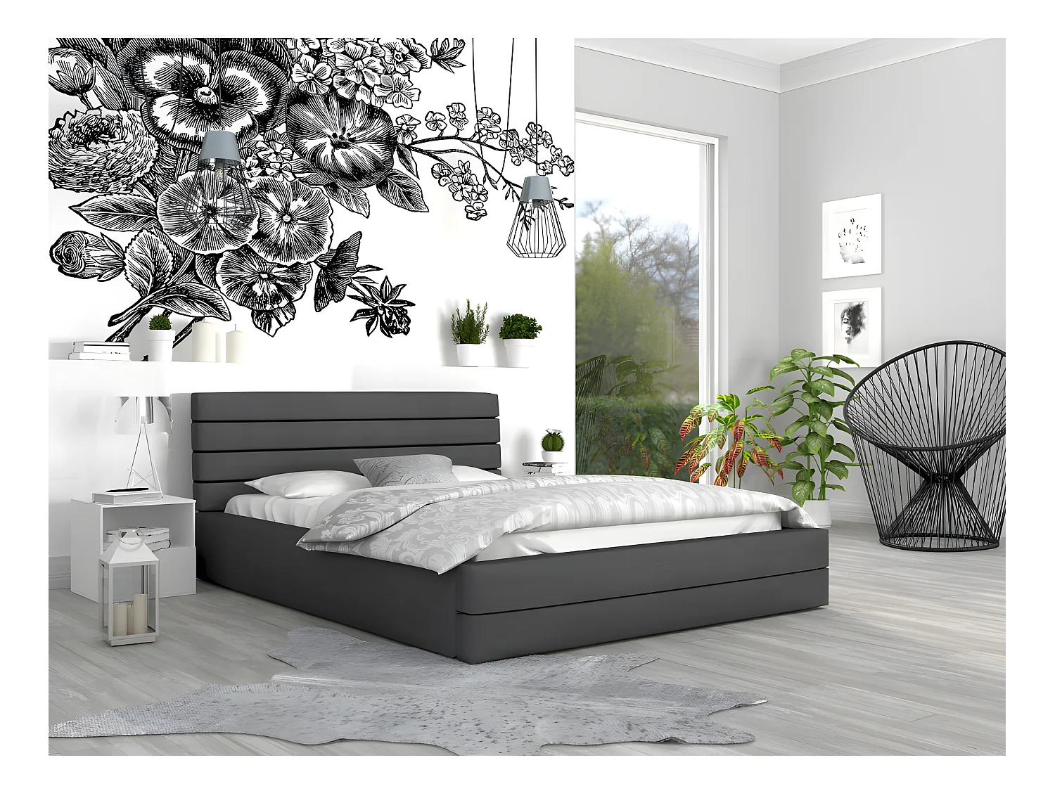 LIT COFFRE VIRGINIA 140x190 - Sommier inclus Gris foncé