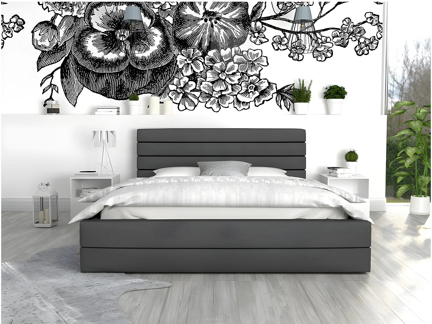 LIT COFFRE VIRGINIA 140x190 - Sommier inclus Gris foncé