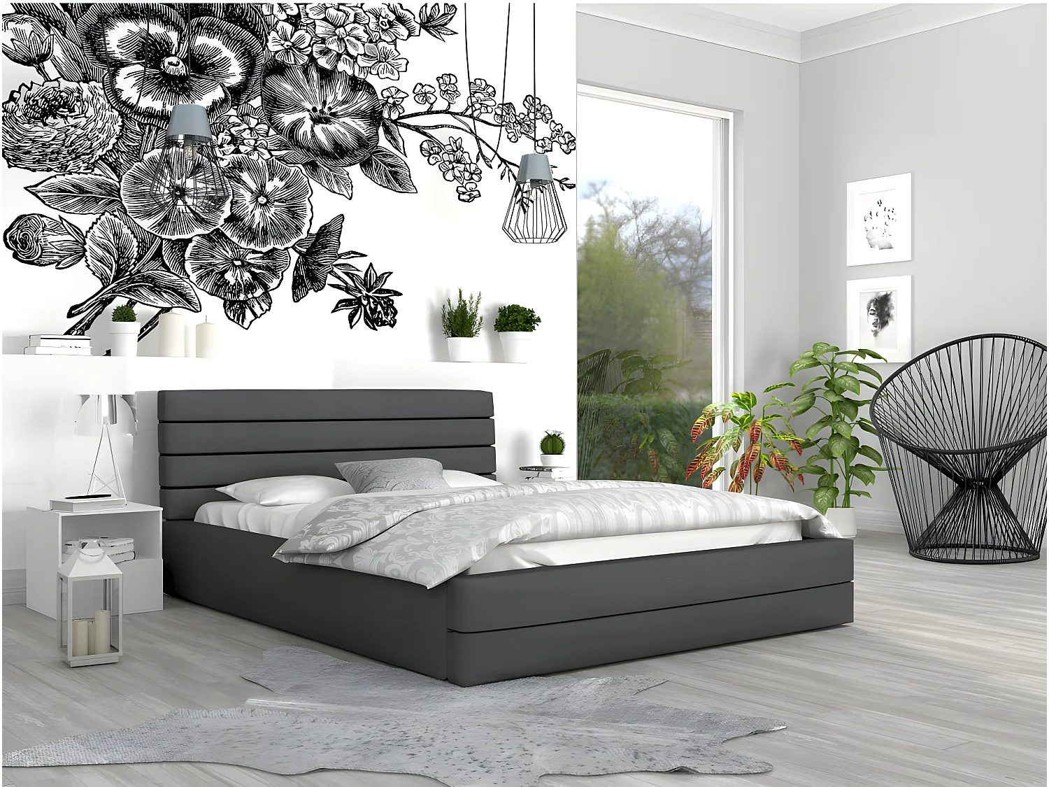 LIT COFFRE VIRGINIA 140x190 - Sommier inclus Gris foncé