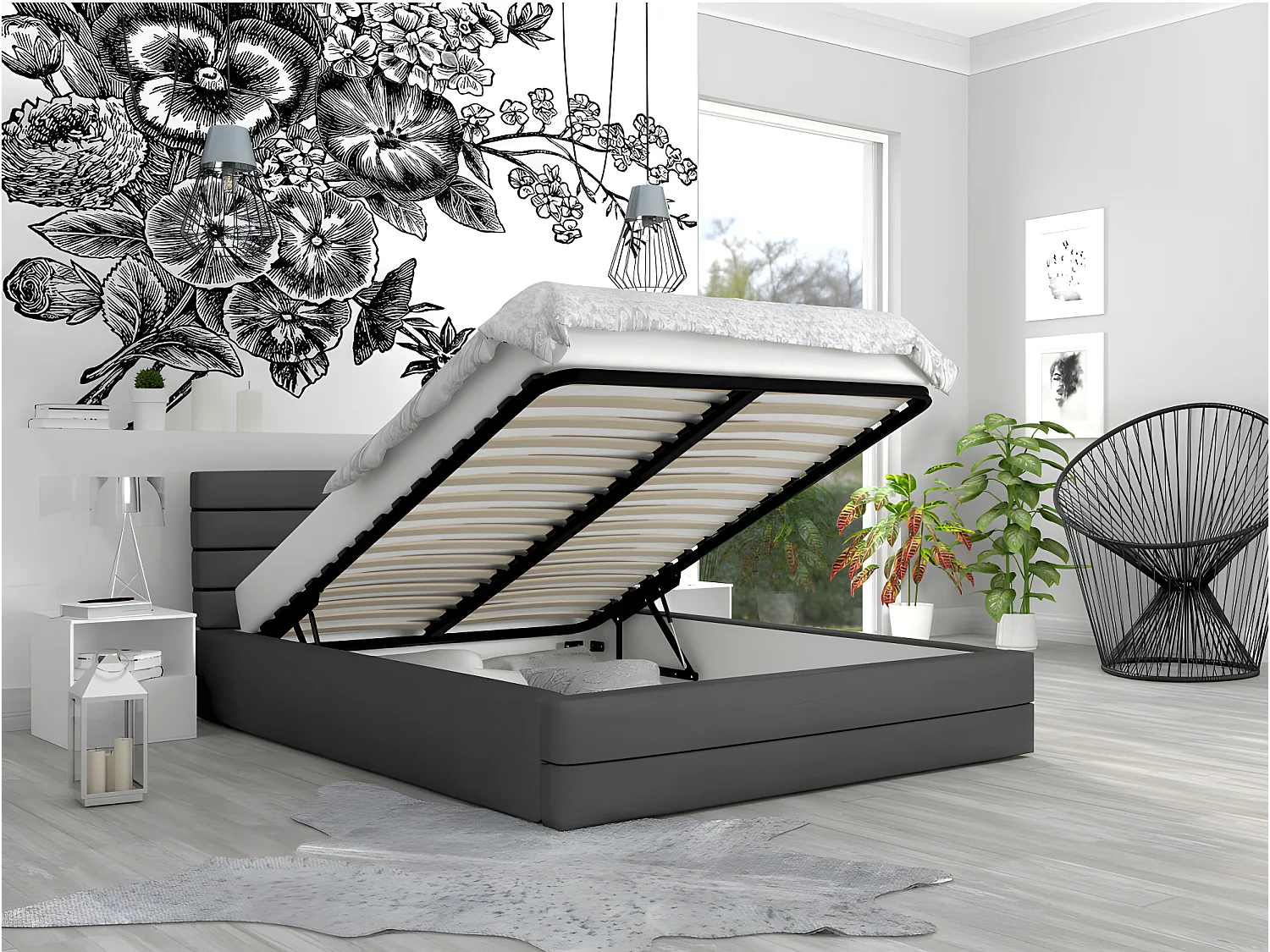 LIT COFFRE VIRGINIA 160x200 - Sommier inclus Gris foncé