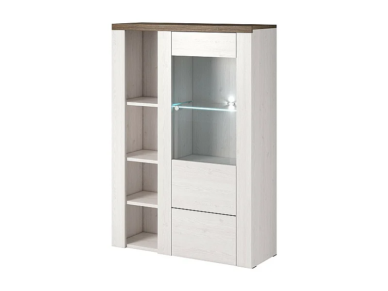 Design-Hochschrank mit 1 Tür für das Wohnzimmer in Weiß mit Holzeffekt und Eiche. Kollektion SANTIAGO.