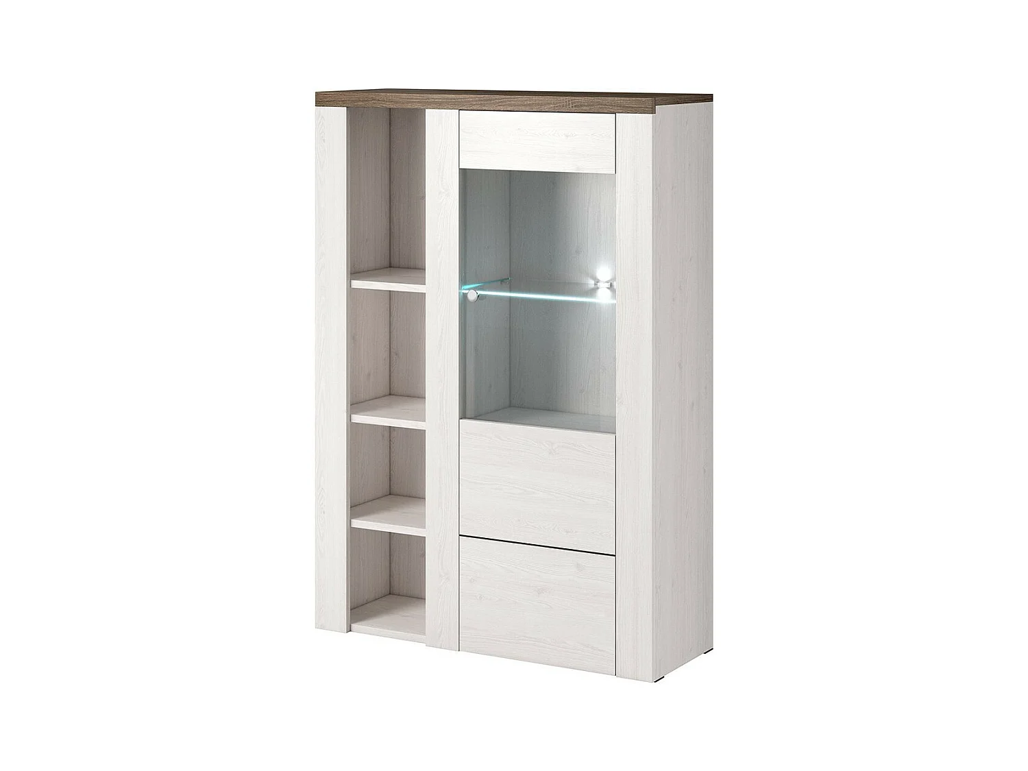 Design-Hochschrank mit 1 Tür für das Wohnzimmer in Weiß mit Holzeffekt und Eiche. Kollektion SANTIAGO.