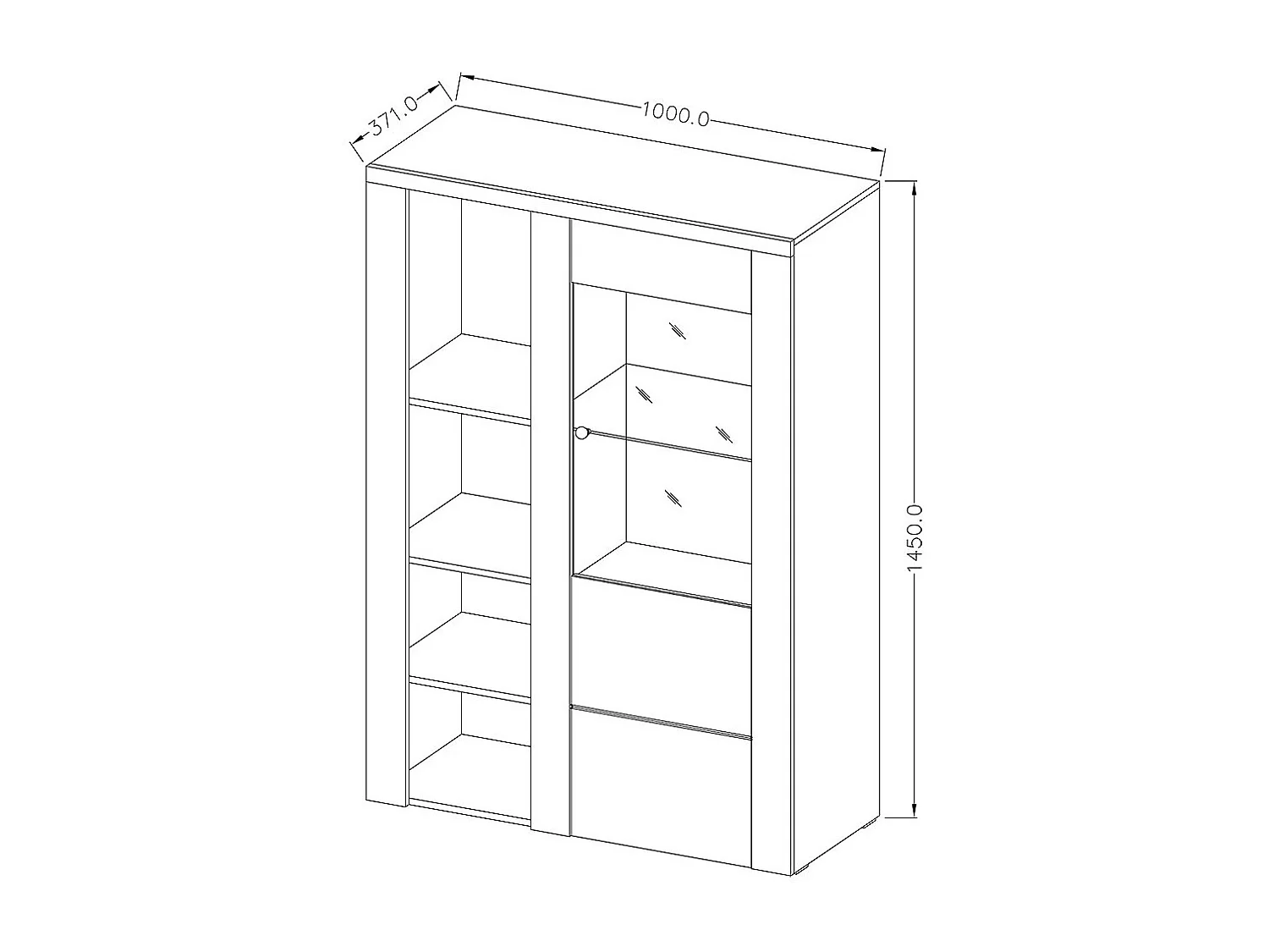 Buffet alto design con una porta per soggiorno, colore bianco effetto legno e rovere. Collezione SANTIAGO.