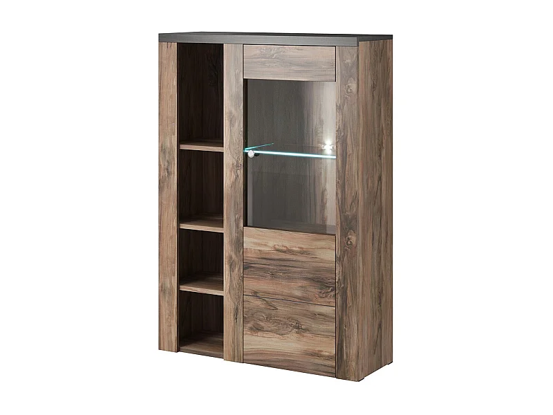 Hochwertiges Design-Buffet mit 1 Tür für das Wohnzimmer in Walnussfarbe und Schwarz mit Holzeffekt. Kollektion SANTIAGO.