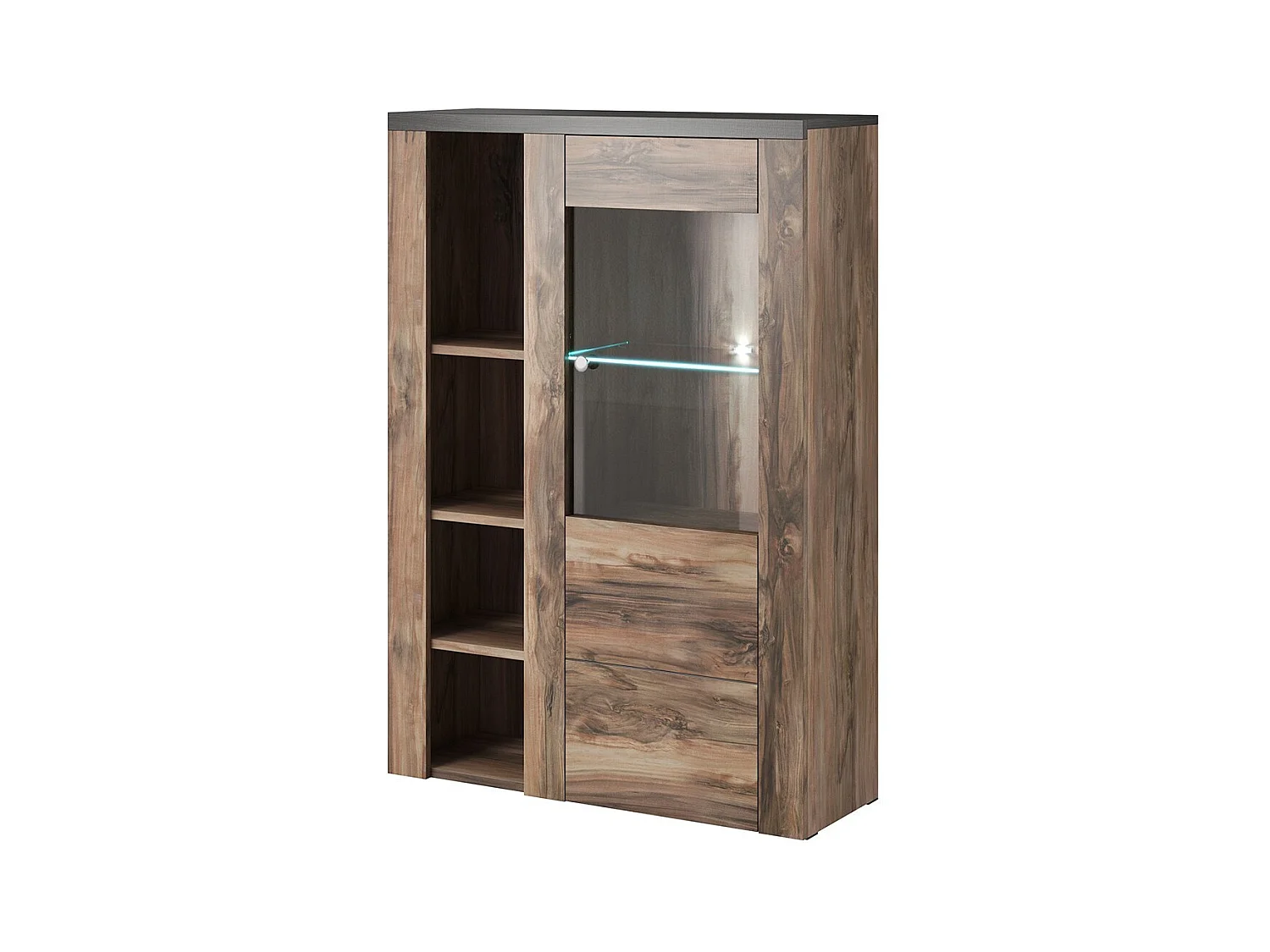 Hochwertiges Design-Buffet mit 1 Tür für das Wohnzimmer in Walnussfarbe und Schwarz mit Holzeffekt. Kollektion SANTIAGO.