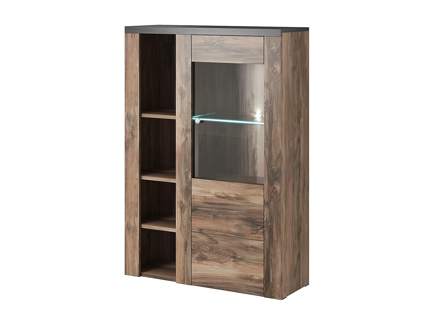 Buffet haut design 1 porte pour salon couleur noyer et noir effet bois. collection SANTIAGO.