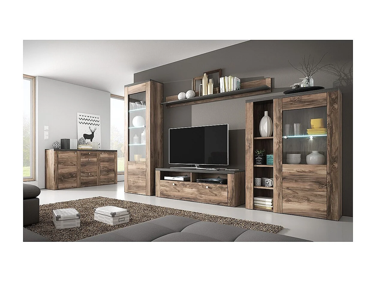 Buffet haut design 1 porte pour salon couleur noyer et noir effet bois. collection SANTIAGO.