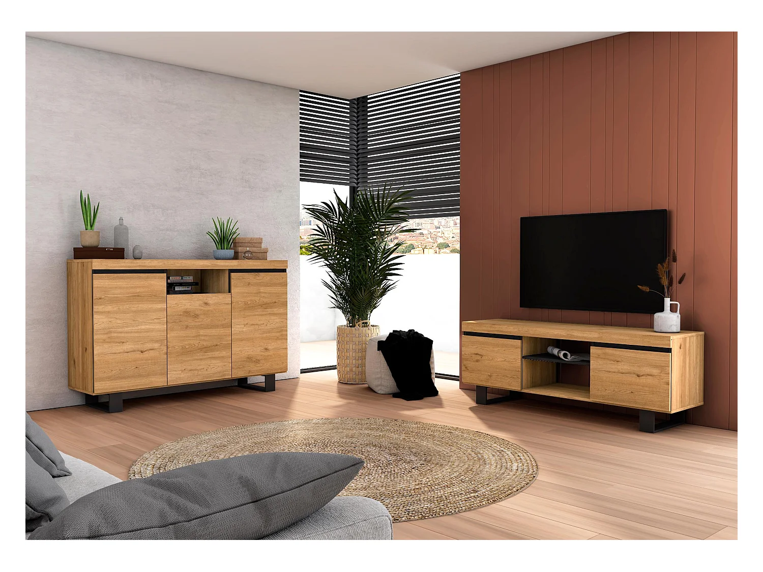 Furniture Set, NATORE MODEL, Buffet-mueble tv 140 cm, Eetkamer, Eik en zwart, Industriële stijl