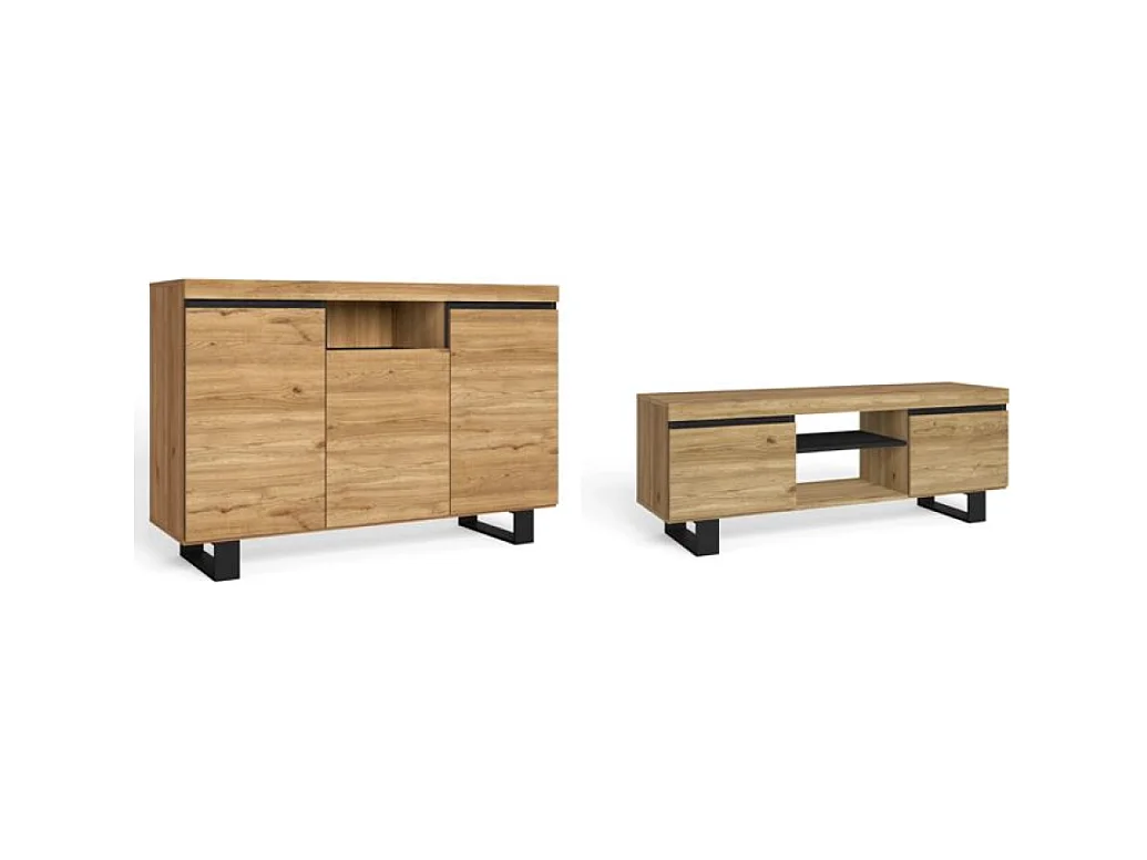Furniture Set, NATORE MODEL, Buffet-mueble tv 140 cm, Eetkamer, Eik en zwart, Industriële stijl