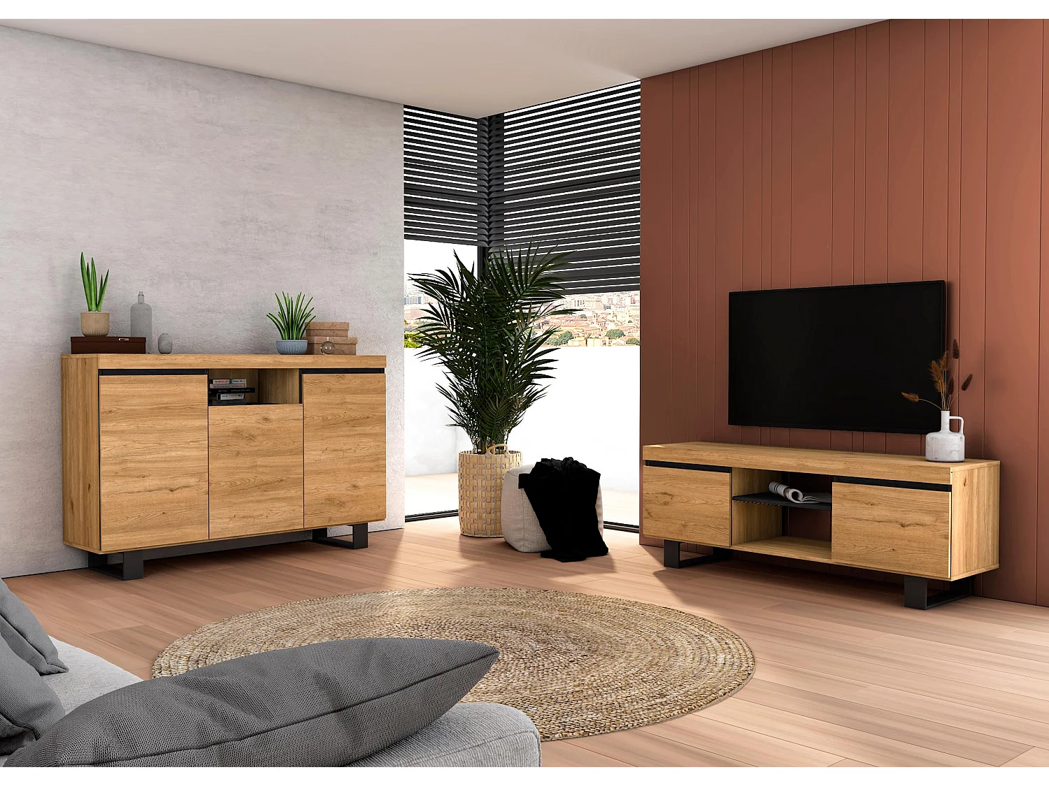 Set Naturale salón Comedor con patas, Mueble Auxiliar, buffet-mueble tv 140cm  roble negro