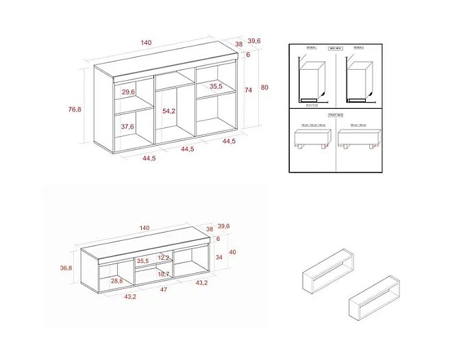 Set Naturale salón Comedor con patas, Mueble Auxiliar, buffet-mueble tv 140cm  roble negro