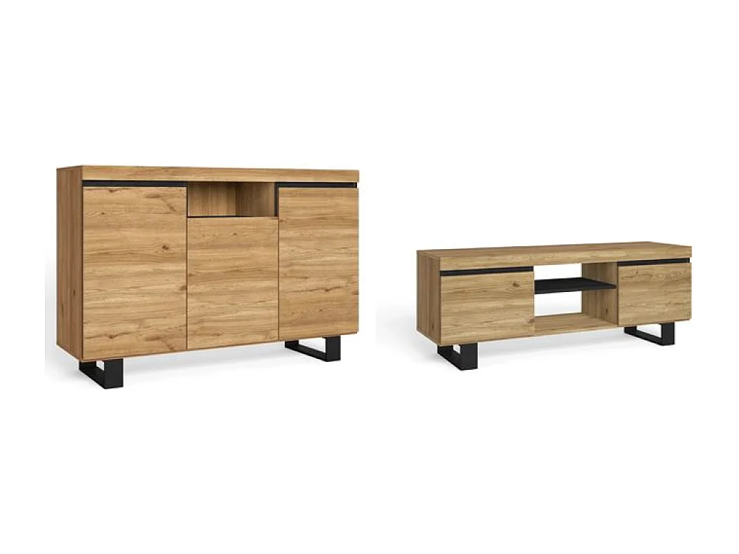 Set Naturale Sala da Pranzo, Mobile Ausiliario, Credenza-Mobile TV 140cm Rovere Nordic Nero