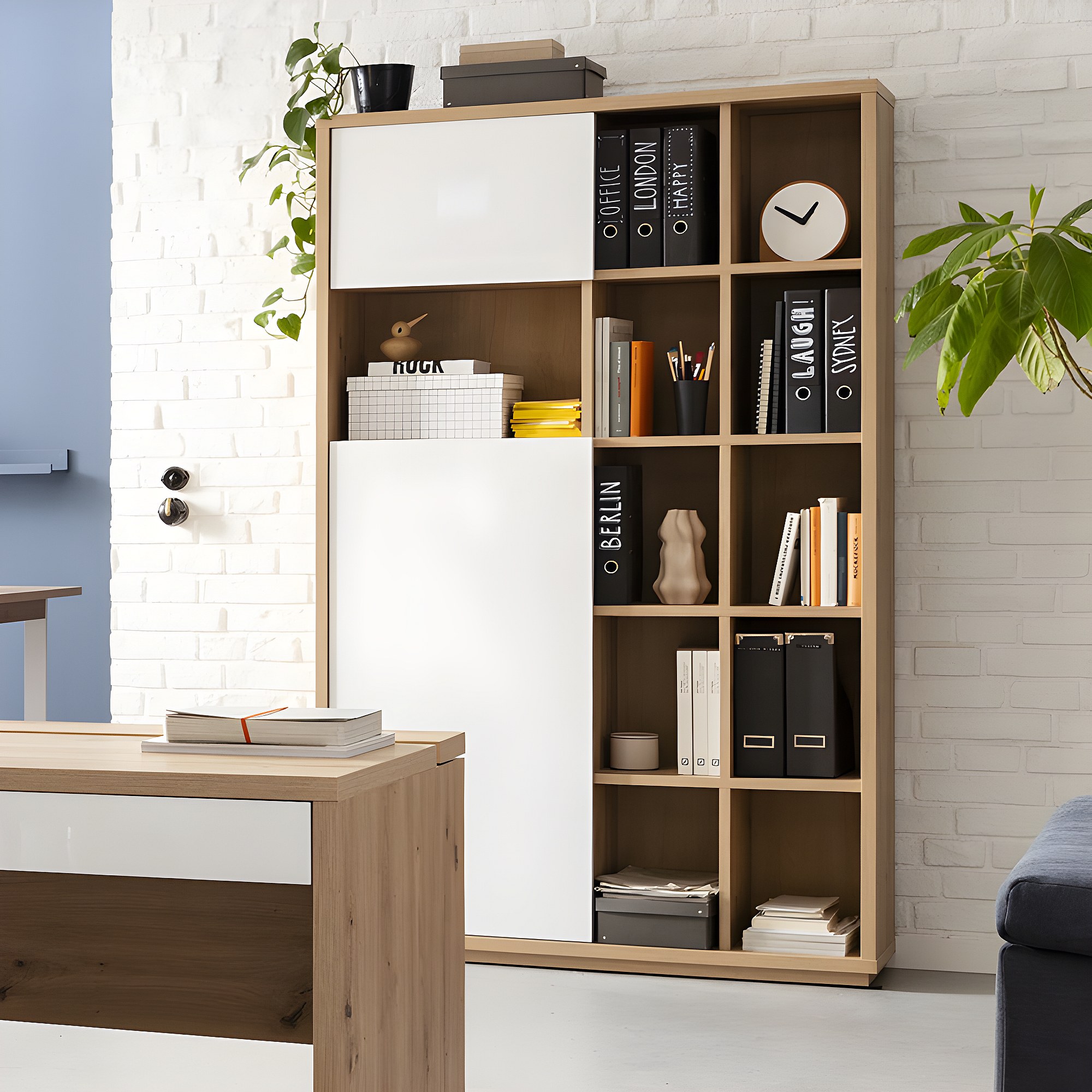 Bibliothèque En Chêne 2 Parties – Haute Vitrée + Basse 2 Portes – Dimensions 215x98x45 Cm