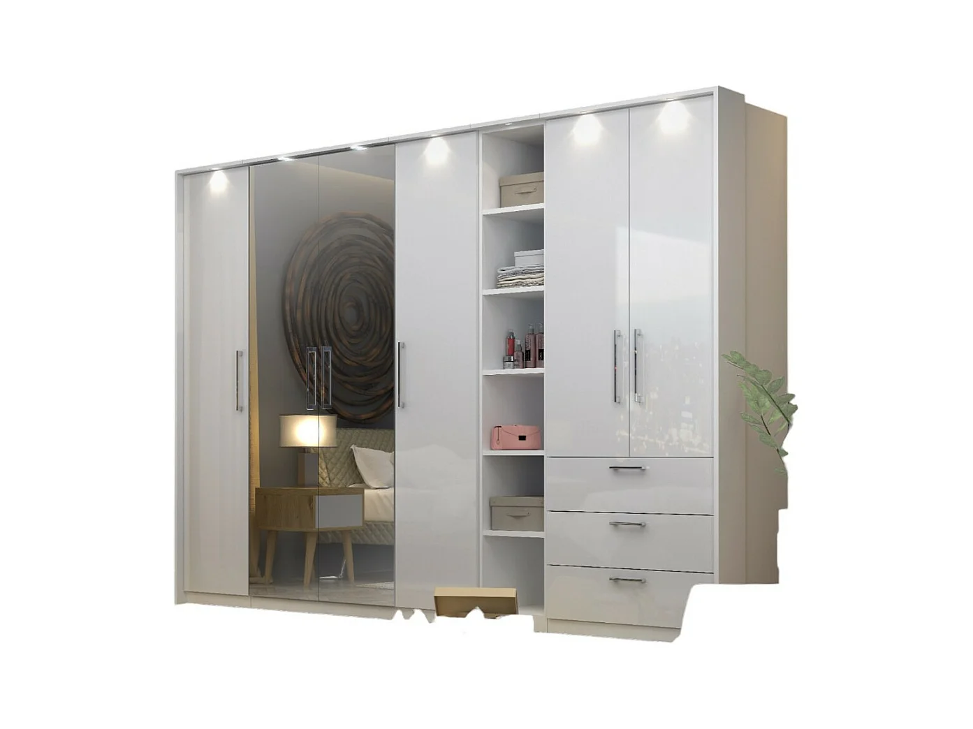 Dressing d'angle MODULO – Blanc brillant – LED & étagères inclus – Configuration personnalisable