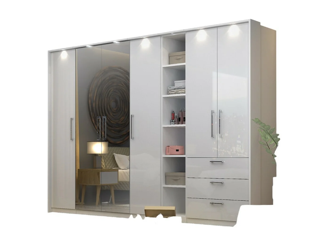 Dressing d'angle MODULO – Blanc brillant – LED & étagères inclus – Configuration personnalisable