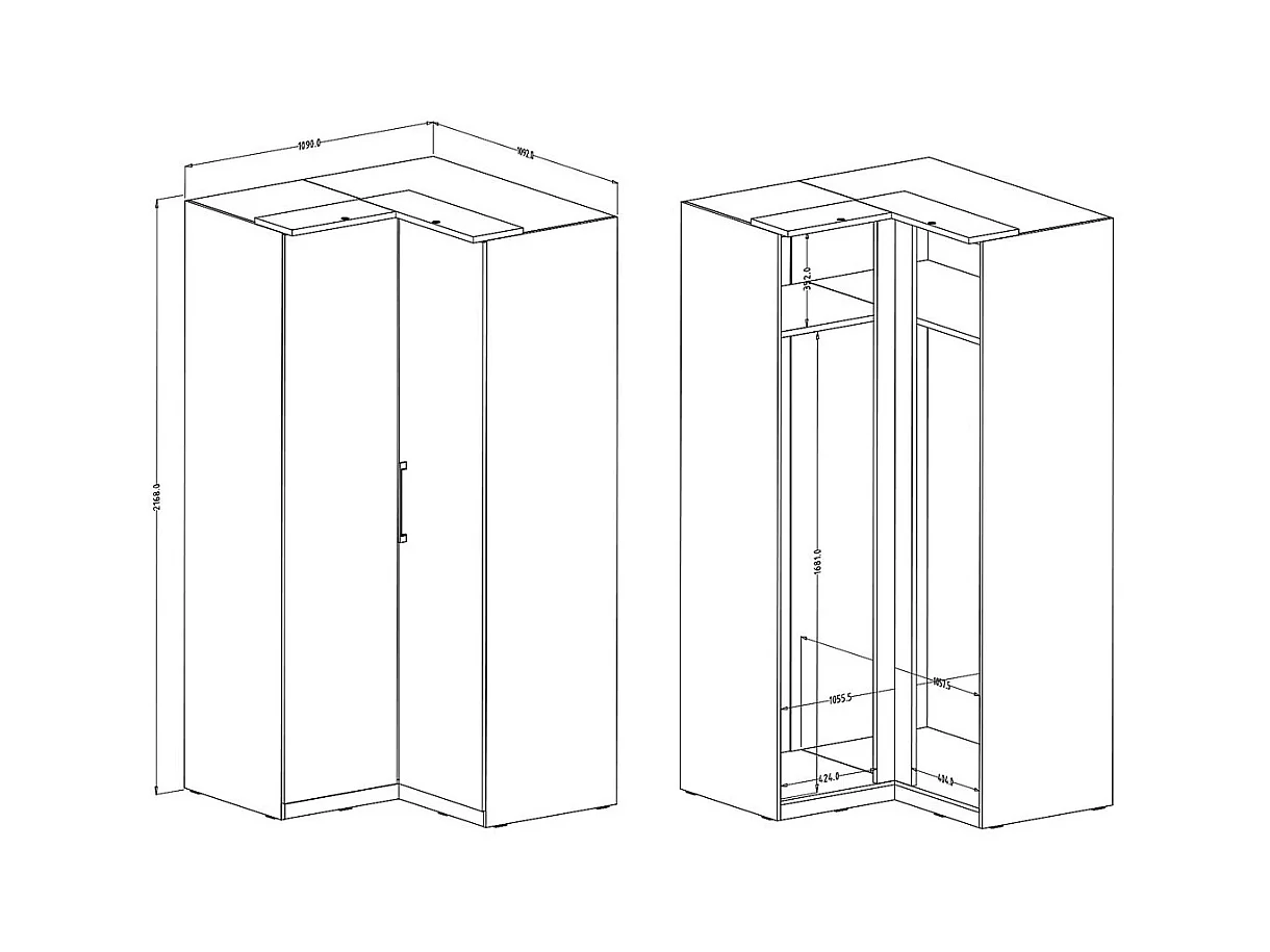 Armadio ad angolo per cabina armadio collezione MODULO colore bianco con LED inclusi.
