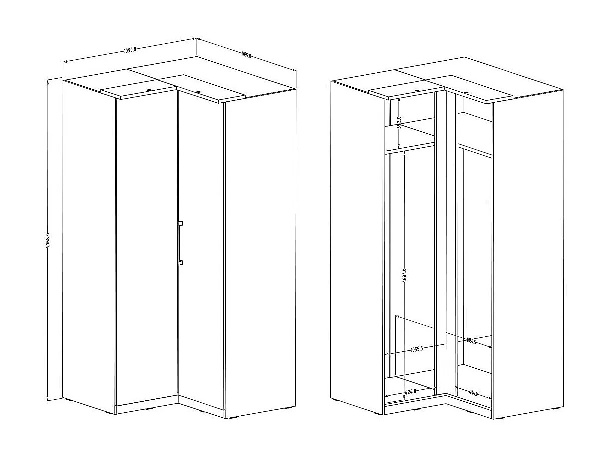 Armario de esquina para vestidor colección MODULO color blanco con LED incluidos.