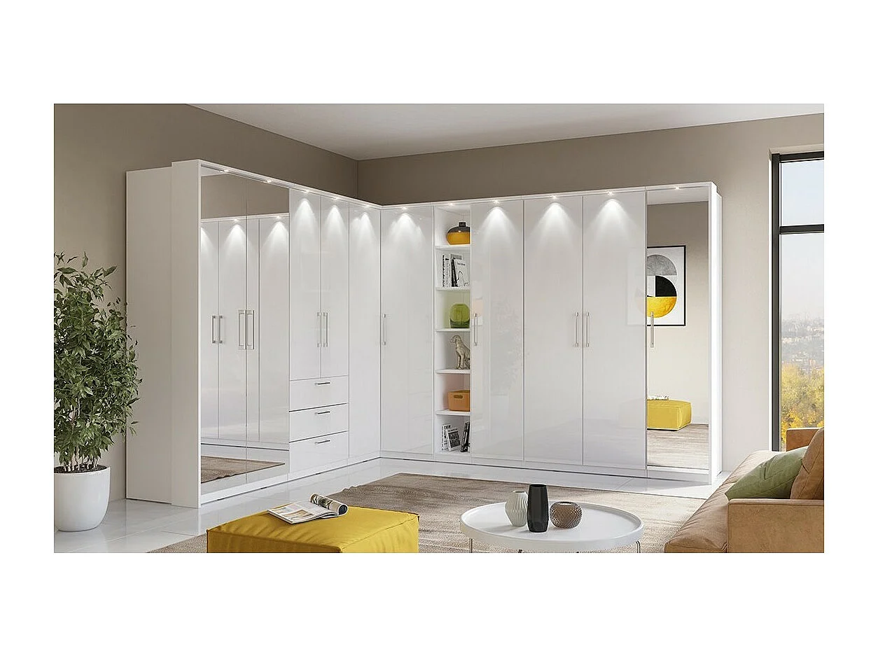 Armario de esquina para vestidor colección MODULO color blanco con LED incluidos.