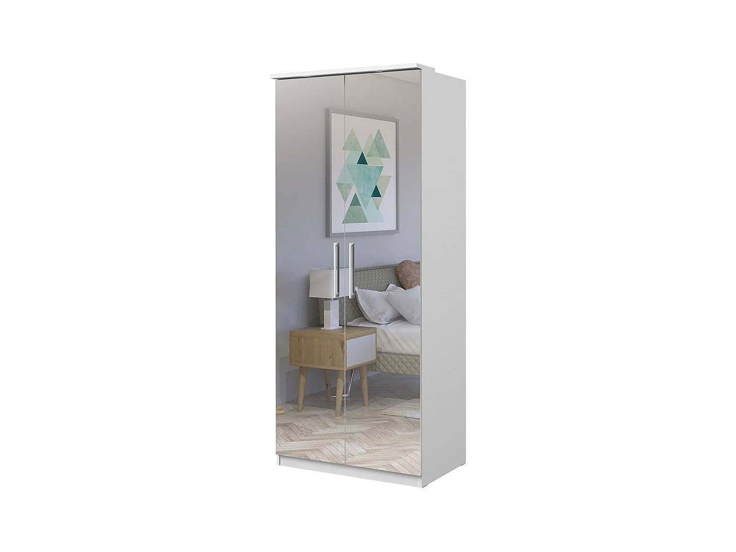 Armoire 2 portes avec miroir, dressing collection MODULO, blanc avec LED, pack 3 étagéres inclus