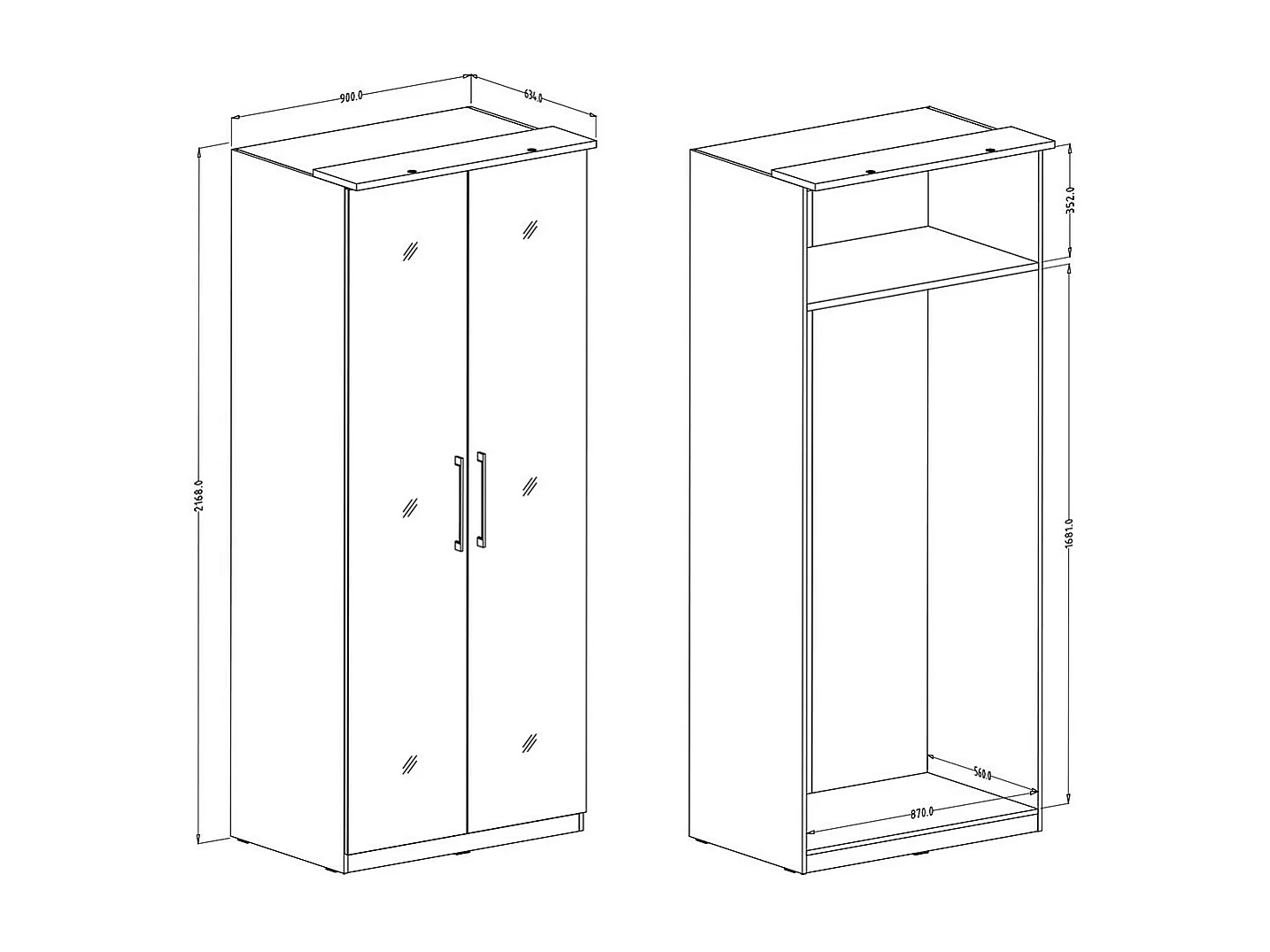 Kleiderschrank mit 2 Türen und Spiegel, Garderobenkollektion MODULO, weiß mit LED, inklusive 3 Regalböden-Pack