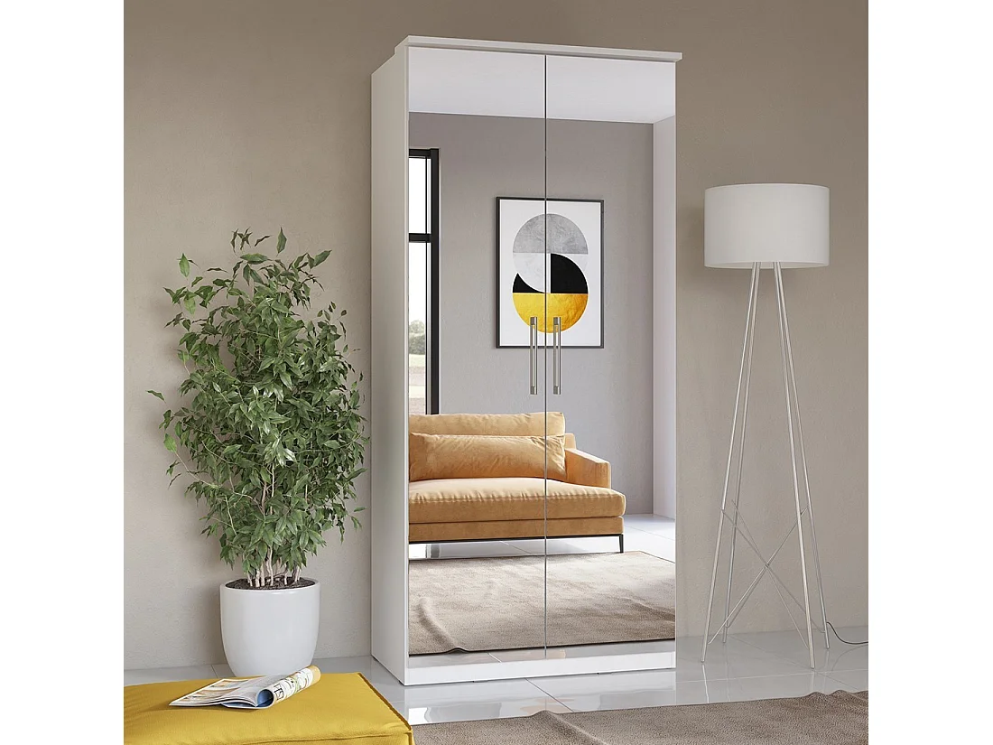 Kleiderschrank mit 2 Türen und Spiegel, Garderobenkollektion MODULO, weiß mit LED, inklusive 3 Regalböden-Pack