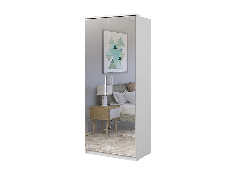 Armoire 2 portes avec miroir, dressing collection MODULO, blanc avec LED, pack 3 étagéres inclus