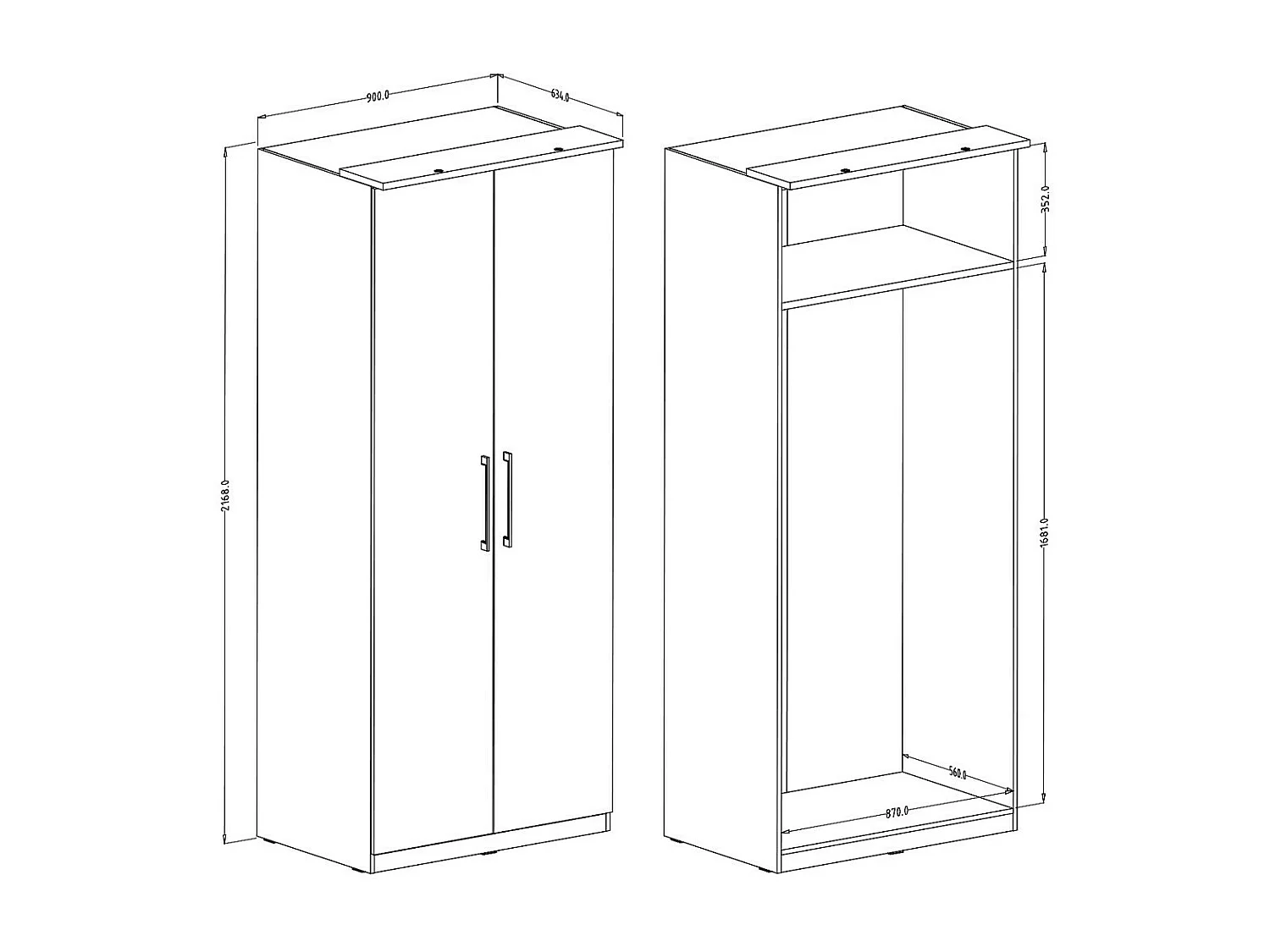 Kledingkast met 2 deuren uit de MODULO collectie, kleur wit met LED-verlichting en inclusief een set van 3 planken.