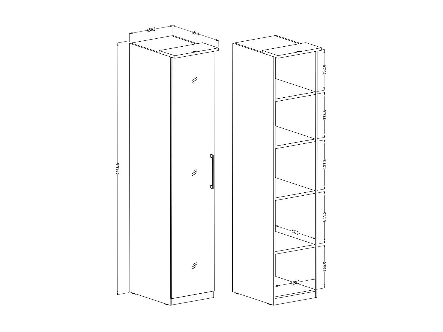Armadio con 1 porta e specchio per cabina armadio collezione MODULO colore bianco con LED inclusi.