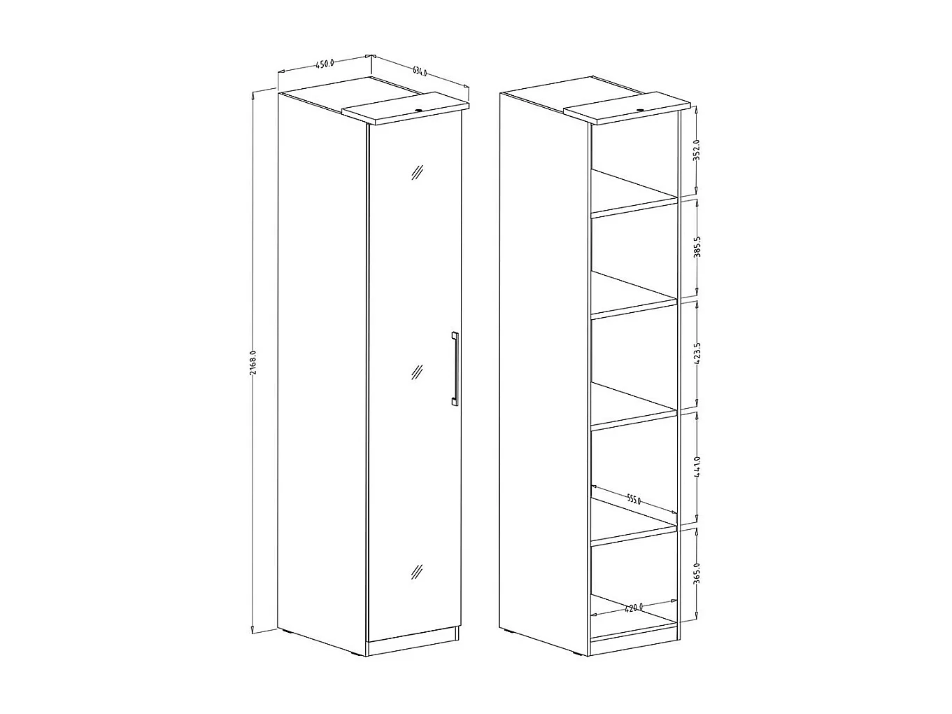 Armadio con 1 porta e specchio per cabina armadio collezione MODULO colore bianco con LED inclusi.