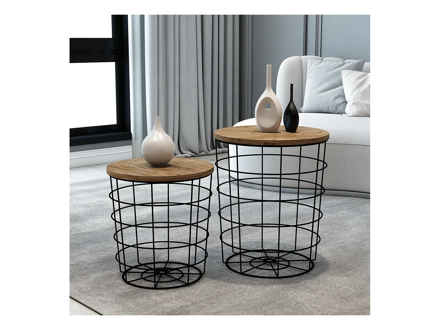 Lot de 2 paniers en métal Hundested avec plateau amovible rond noir / effet bois [en.casa]