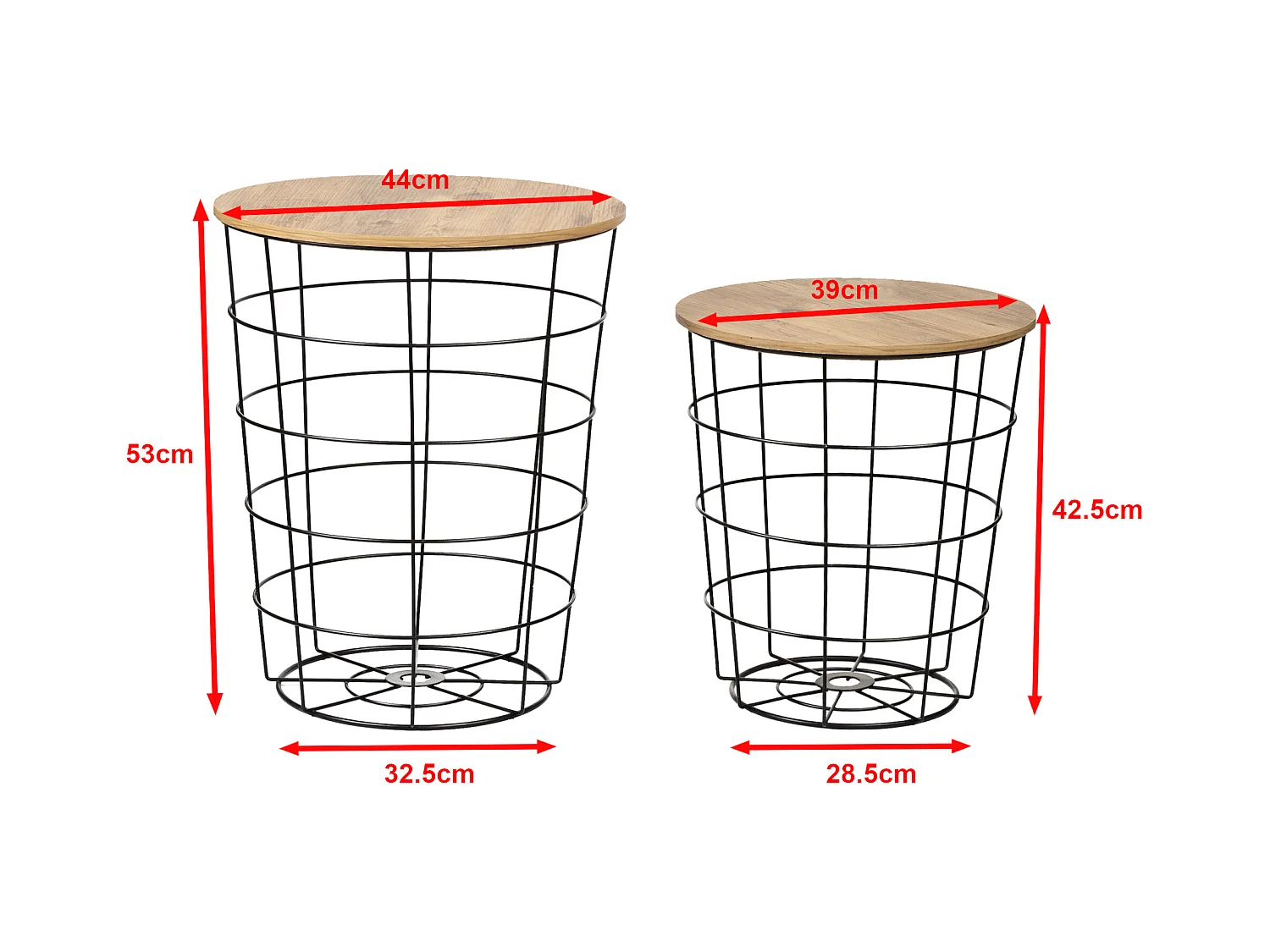 Lot de 2 paniers en métal Hundested avec plateau amovible rond noir / effet bois [en.casa]